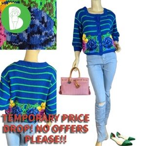 VINTAGE 1990'S ROBIN SINKLER BLUE FLORAL PRINT BUTTON FRONT KNIT SWEATER (M)